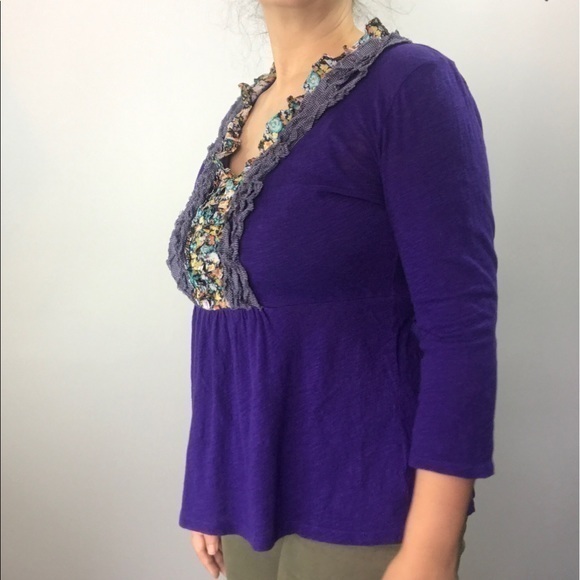 Anthropologie Deletta‎ Purple Floral Polka Dot Ruffle Neck - Picture 4 of 13